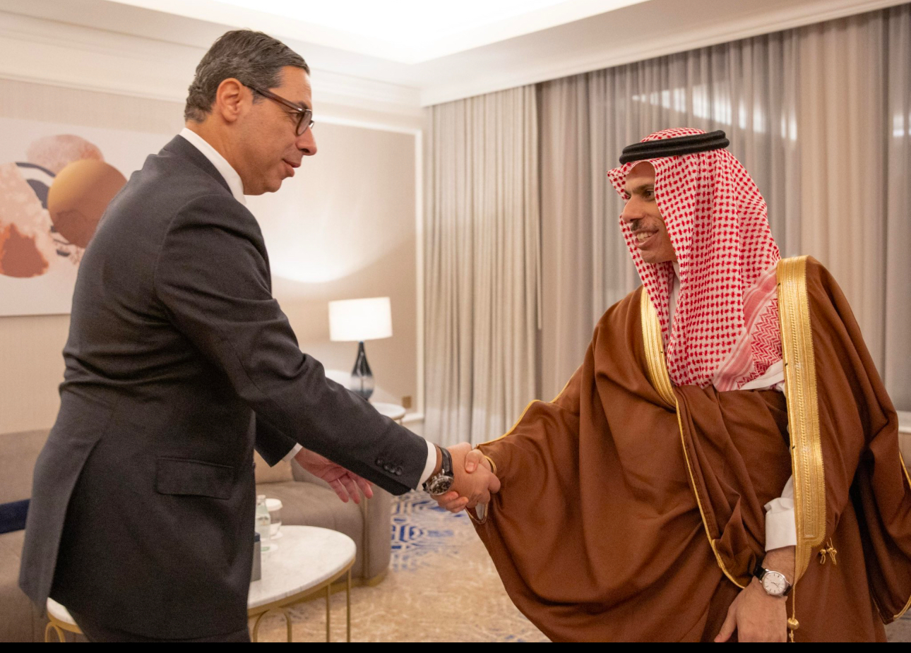 His Highness the Minister of Foreign Affairs, Prince Faisal bin Farhan, meets with the Cypriot Foreign Minister.